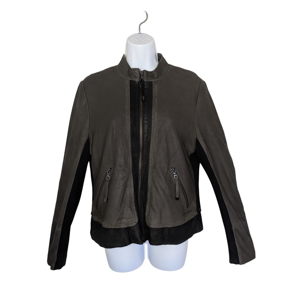Via Spiga Women Coats, Grey & Black Full Zip Mock Neck Lamb Leather Jacket, Sz L